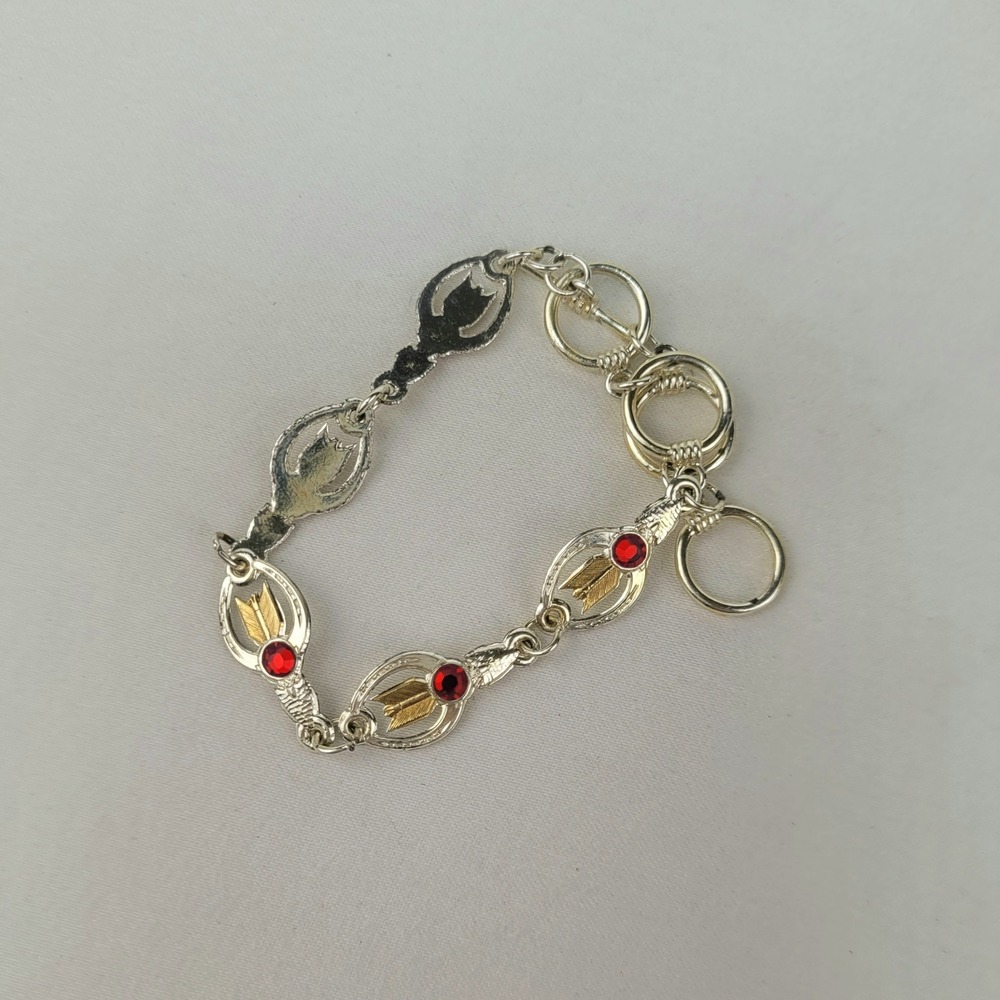 Vintage Silver Gold Tone Arrow Red Rhinestone Toggle Link Bracelet 7.75 Inch